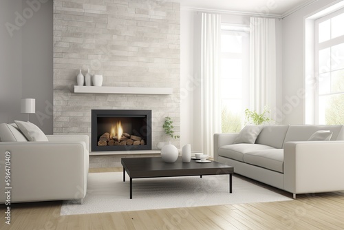 cozy living room with a white color scheme and a fireplace as the focal point. Generative AI