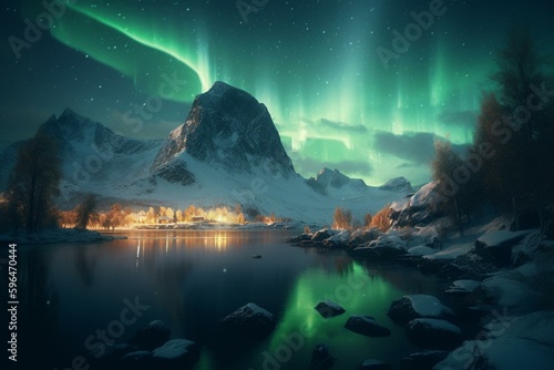 Illustration of snowbound landscape with northern lights shimmering atop the lake. Generative AI