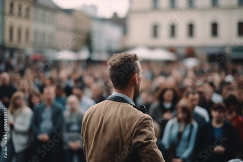 The back of the person speaking, blurred background a crowd of spectators. AI generative