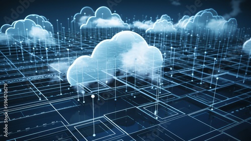 Cloud Computing Network, Blue Digital Cloudscape Grid, AI Generative photo