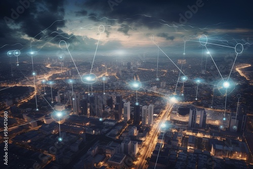 The illustration shows a connected city on the cloud with data collection from devices worldwide. It demonstrates a smart city concept. Generative AI