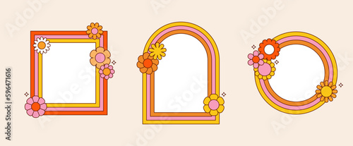 Vector linear banners and frames with copy space for text and flowers - design elements and shapes for abstract backgrounds and modern art - greeting card, hippie style borders