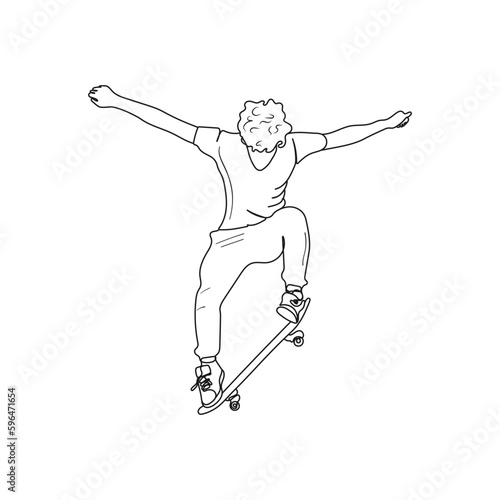 Skateboarder doing a trick with skateboard. Person playing skateboard for exercise and hobby. Sport concept. Hand drawn vector illustration.