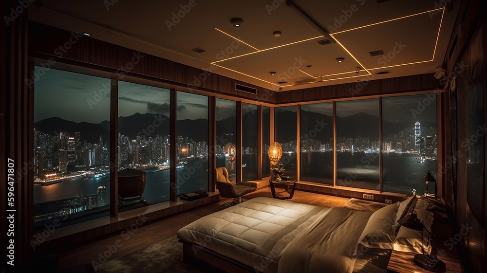 The night bedroom of a luxury penthouse. Generative AI.