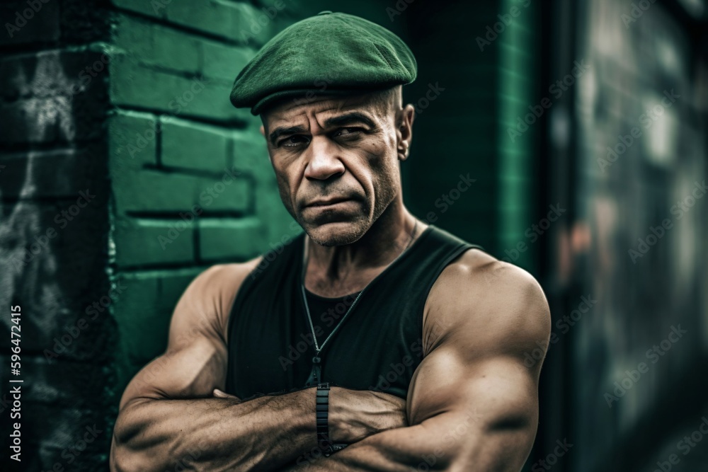 muscular elderly man with craned arms leaning against a house wall ...