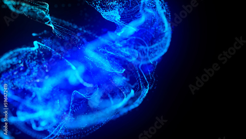 3d render. Injection of fluorescent ink in water isolated on black background. Glow particles or sparks like shiny magic spell. Fantastic background for festive event. Blue shades © Green Wind