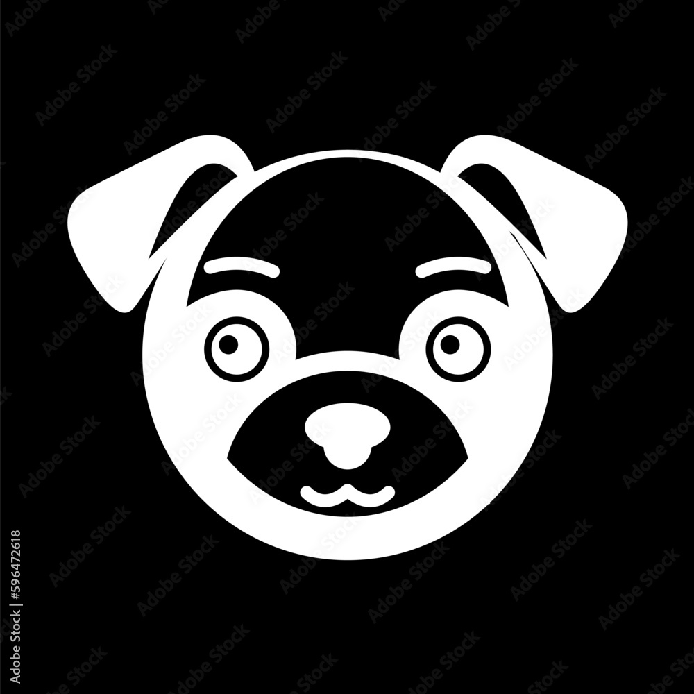 Bold black and white illustration of a pug head icon, with distinct facial features on black Bold black and white illustration of a pug head icon, with distinct facial features on black