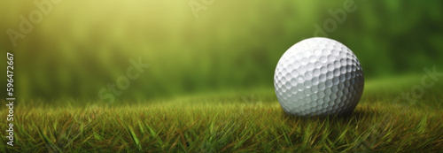 Golf ball on grass in fairway green background. Banner for advertising with copy space Generative AI