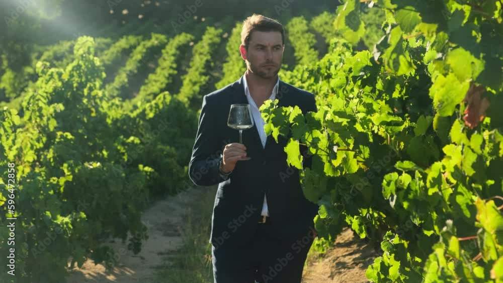 charismatic man in a suit drinking white wine from a glass at a winery. Smiling young man holding wineglass. A portrait of a handsome mature man in a formal costume drinking wine. charismatic man in a suit drinking white wine from a glass at a winery. Smiling young man holding wineglass. A portrait of a handsome mature man in a formal costume drinking wine.