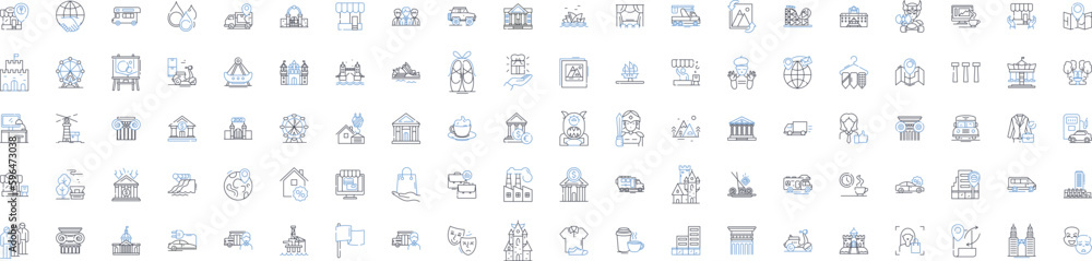 Urban area line icons collection. Skyscrapers, Traffic, Crowds, Pollution, Diversity, Culture, Nightlife vector and linear illustration. Gritty,Vibrant,Noise outline signs set Generative AI