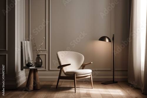 Minimalist beige living room corner with armchair and slim lamp. Generative AI