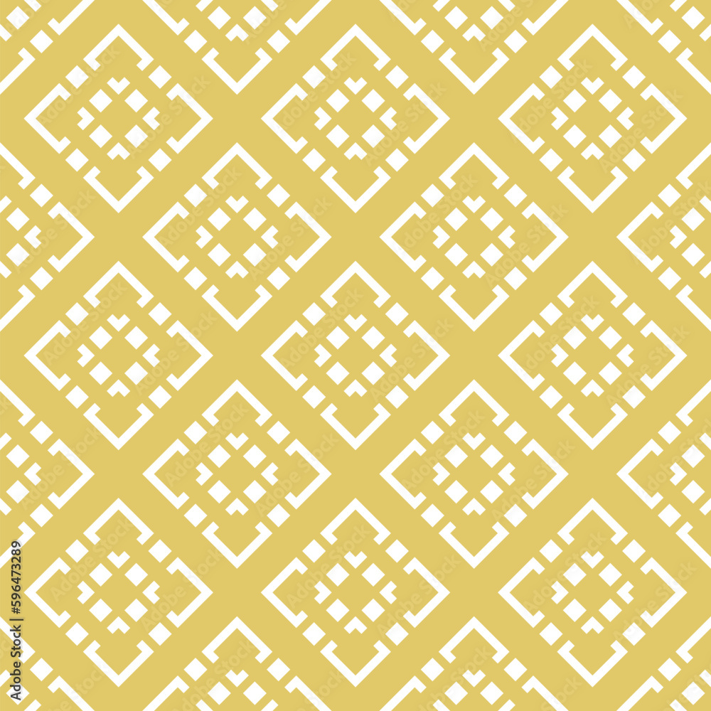 Vector geometric seamless pattern. Winter Christmas theme abstract graphic background. Simple folk style texture. Ethnic style ornament. Yellow gold color. Repeated vintage geo design for decor, print Vector geometric seamless pattern. Winter Christmas theme abstract graphic background. Simple folk style texture. Ethnic style ornament. Yellow gold color. Repeated vintage geo design for decor, print