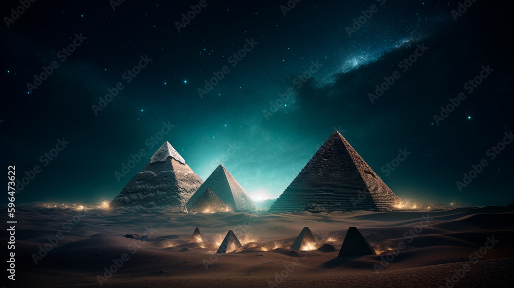 Egyptian pyramids are present in this future desert environment at night. Stars in the night sky, light beams, and galaxy glare. in the pyramid's tunnel. Generative AI
