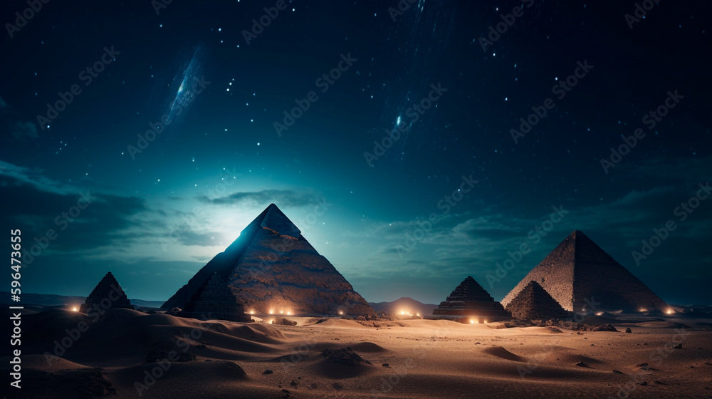 Egyptian pyramids are present in this future desert environment at night. Stars in the night sky, light beams, and galaxy glare. in the pyramid's tunnel. Generative AI - obrazy, fototapety, plakaty 