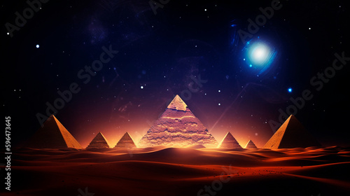 Egyptian pyramids are present in this future desert environment at night. Stars in the night sky, light beams, and galaxy glare. in the pyramid's tunnel. Generative AI