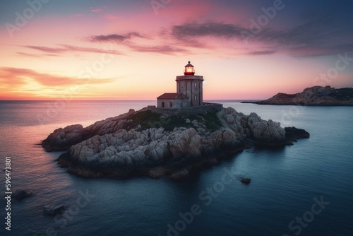 Vibrant dawn on Capo San Marco lighthouse in Sardinia, Europe. Mediterrenean seascape. Digital art. Generative AI