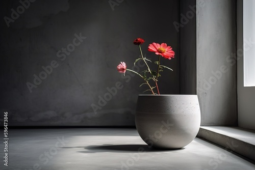 minimalistic still life with a concrete vase and a bright flower