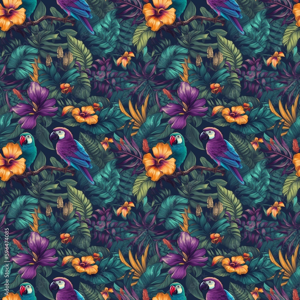 jungle seamless pattern, exotic birds, wallpaper, flowers, illustration, nature