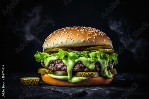 delicious cheeseburger with fresh lettuce on a dark background. Generative AI