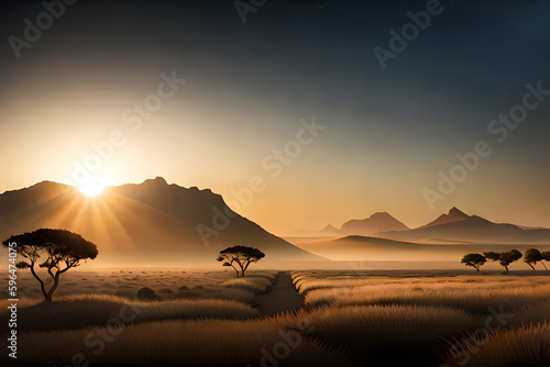 An image of a peaceful and serene landscape  a sunset over a mountain range