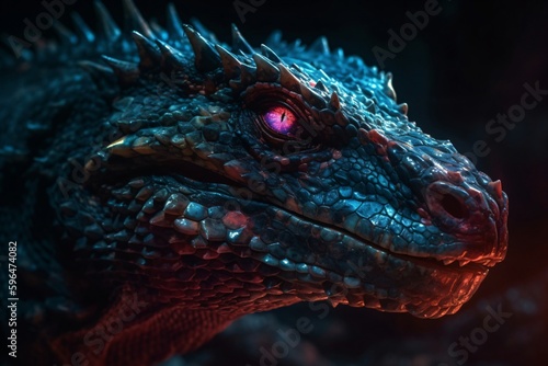 the head of a reptile with glowing eyes created with Generative AI technology