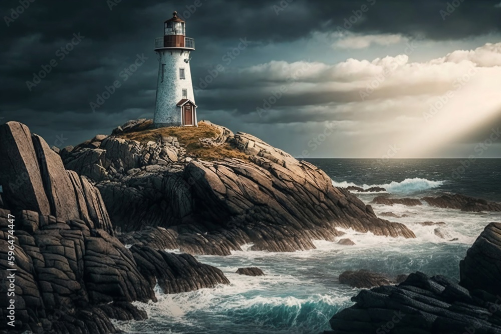 a lighthouse stands on a cliff created with Generative AI technology