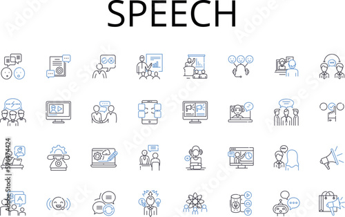 Speech line icons collection. Delivery, Oratory, Discourse, Verbalization, Dialogue, Expression, Conversation vector and linear illustration. Talkative,Articulation,Pronunciation outline Generative AI