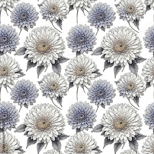 Floral seamless pattern with Chrysanthemums flowers in mute colors on white background, wallpaper design for textile, fabric, cover, wrapping paper. AI generated