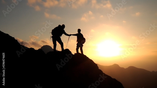 Help and assistance concept. Silhouettes of two people climbing on mountain and helping. Generative AI © Aram