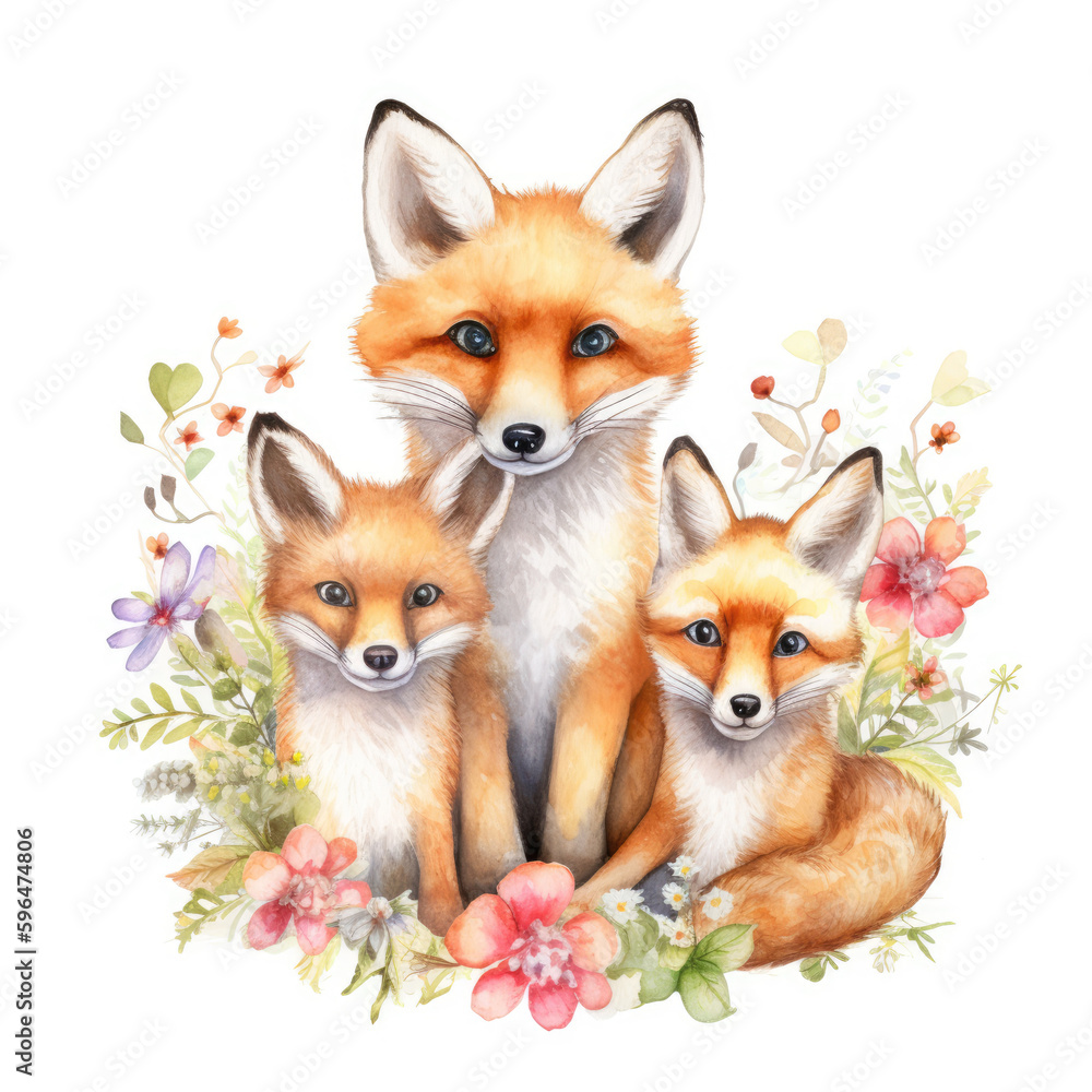 Cute Fox family watercolor Generative AI Cute Fox family watercolor Generative AI