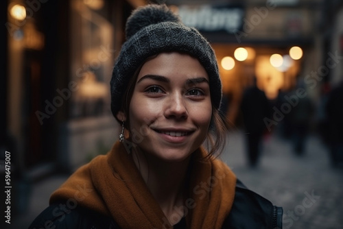 young adult woman outside in front of a restaurant or bar wearing a woolen hat and a winter jacket, happy and content. Generative AI