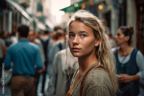 skepticism or negative attitude, young adult woman City break in sunny weather, in the background locals and other tourists in the side street with shops. Generative AI