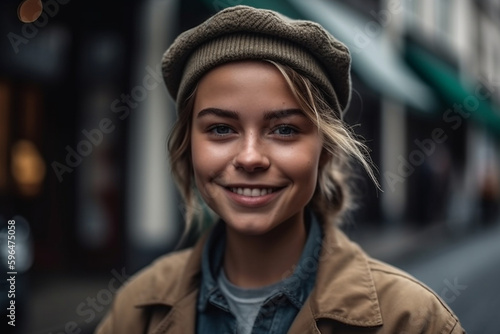 young girl teenager outside in front of a restaurant or bar wearing a woolen hat and a winter jacket, happy and content. Generative AI