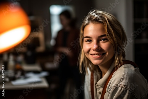 teenage girl at home, happy smile. Generative AI