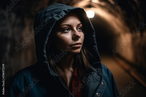 young adult woman in the dark in a creepy underpass wearing a jacket and hood, negative mood , desolate facial expression. Generative AI