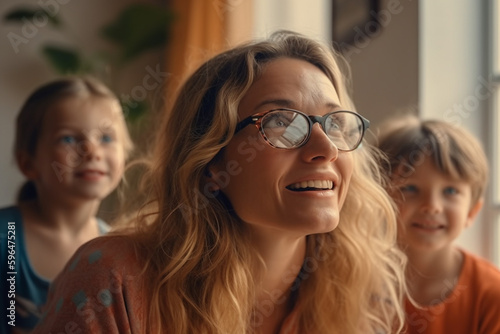 mature mother at home with her children, enjoying the time and having joy and fun, little kid boy and daughter girl, at home by the window. Generative AI