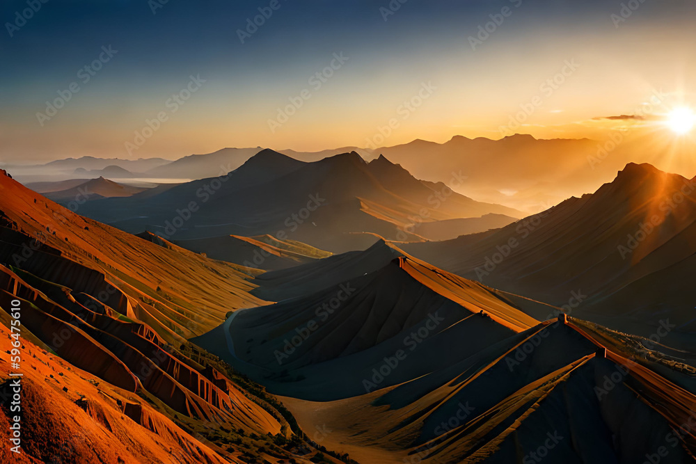 An image of a peaceful and serene landscape, a sunset over a mountain range