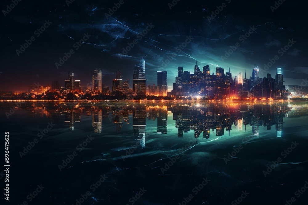 A digital cityscape painting with a lake in foreground and reflection of city in water at night. Generative AI