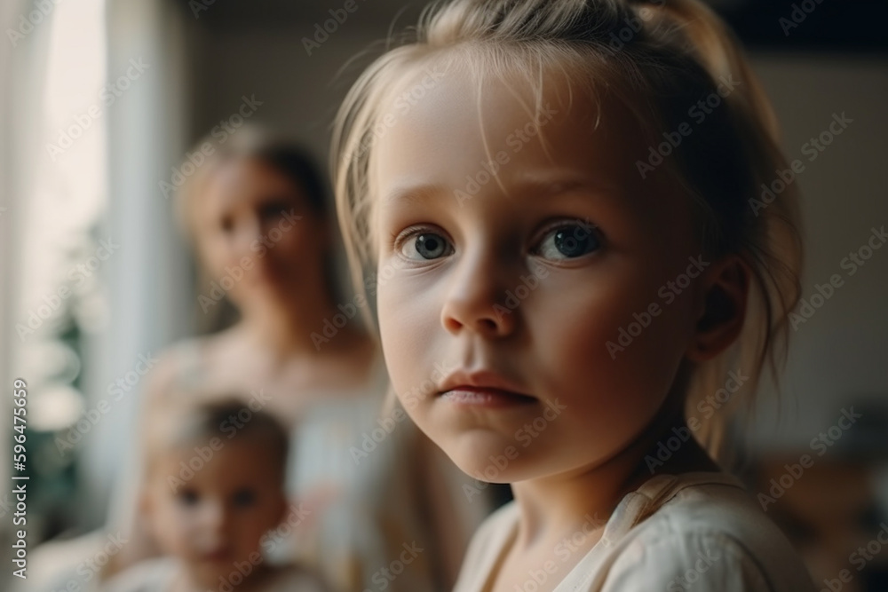 young toddler child girl with brother boy and mother woman in the background. Generative AI young toddler child girl with brother boy and mother woman in the background. Generative AI