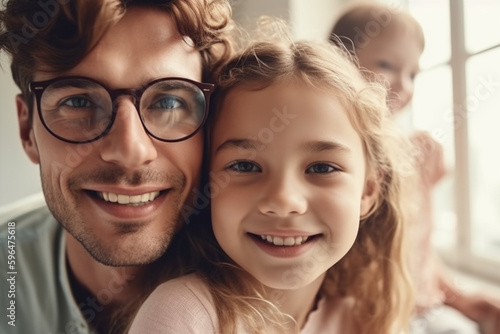 young dad man with daughter girl portrait close-up, happy smile. Generative AI