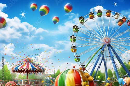 The Joy of a colorful day at the theme park with a stunning ferris wheel and vibrant balloons, bright and cheery illustration background, created using generative AI