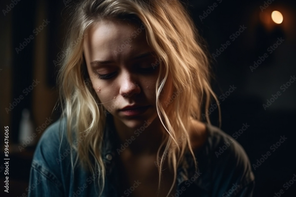 young adult woman or teenager girl is sad or nearly crying. Generative AI young adult woman or teenager girl is sad or nearly crying. Generative AI
