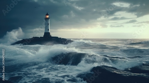 A Lighthouse located on an Island made of Rocks, there are Huge Waves, Cloudy and lot of Wind. Generative AI