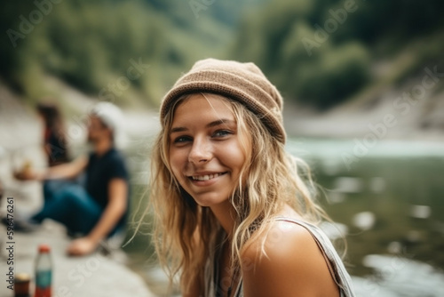 young adult woman or teenager with friends by a river or lake in the mountains with his friends in summer in sunshine. Generative AI