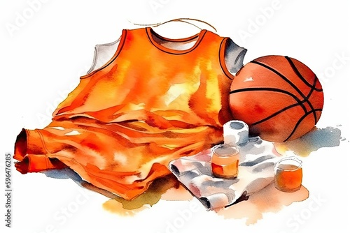 watercolor painting featuring a basketball jersey and related paraphernalia. Generative AI photo