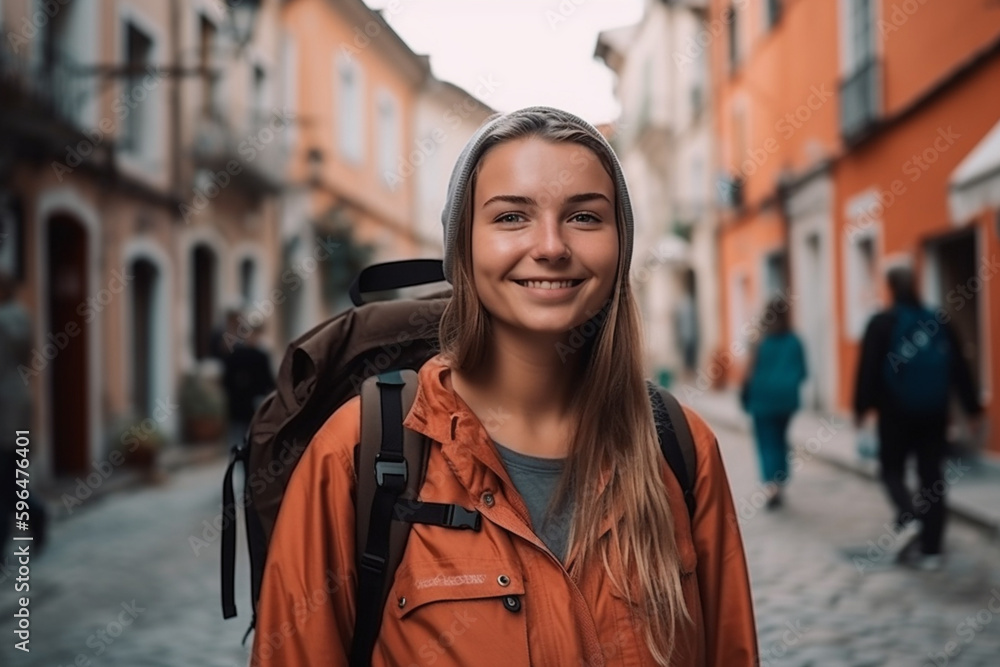 Obraz premium City trip excursion, woman travel with backpack or daypack, fictitious place. Generative AI