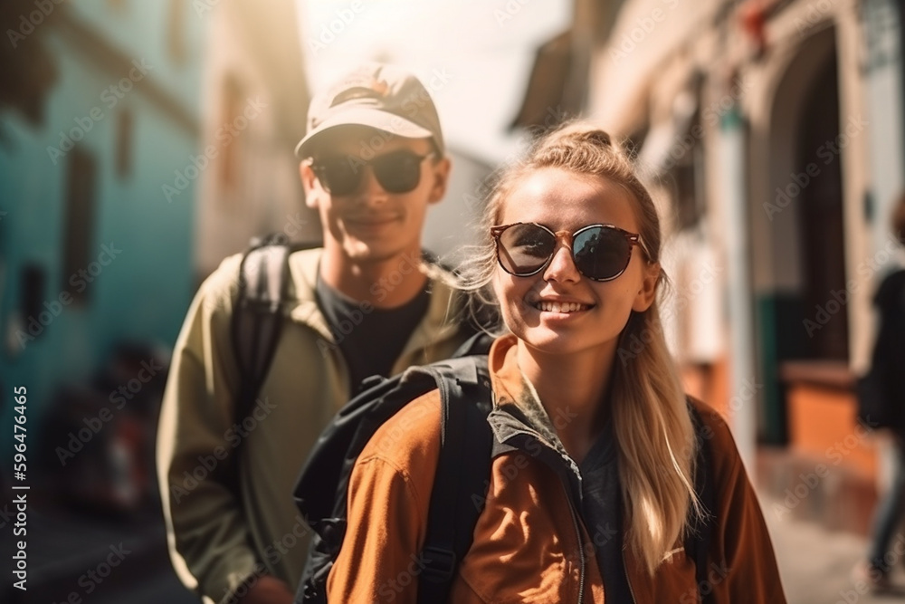 City trip excursion, man and woman or friends travel with backpack or daypack, fictitious place. Generative AI City trip excursion, man and woman or friends travel with backpack or daypack, fictitious place. Generative AI