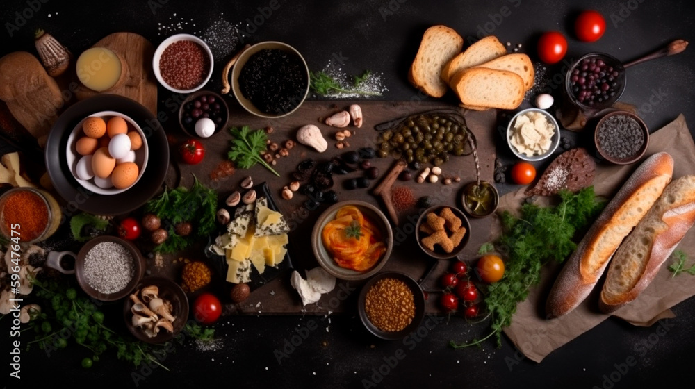 Top view of various foods as culinary concept. Generative AI Top view of various foods as culinary concept. Generative AI