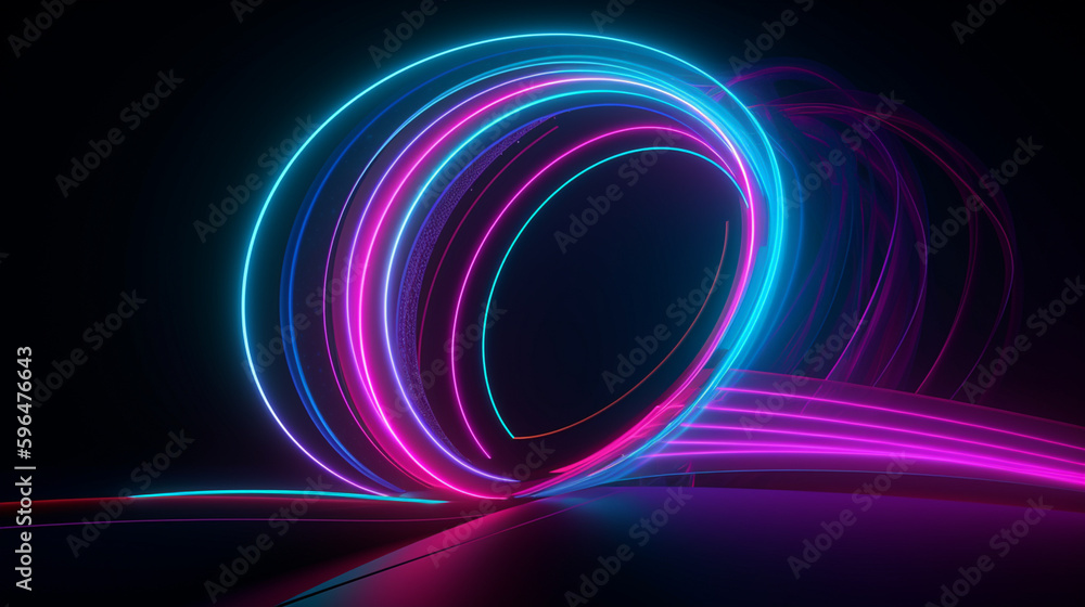 Rounded pink blue neon lines, glowing in the dark. Abstract minimalist geometric background Cyber space. Futuristic wallpaper Generative AI Rounded pink blue neon lines, glowing in the dark. Abstract minimalist geometric background Cyber space. Futuristic wallpaper Generative AI