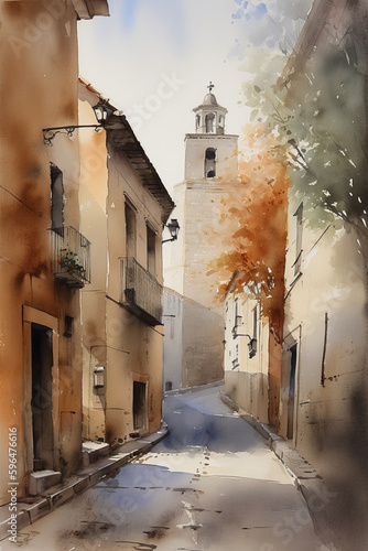 Baeza watercolor. Spain. painting of a beautiful Spanish town heritage of humanity. historic helmet. one of the most visited cities in Spain. travel. vacation. made with ai photo